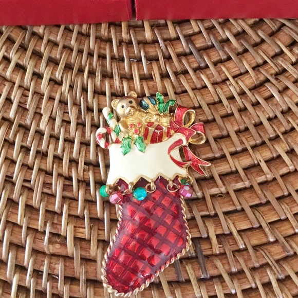 Christopher Radko Pin Christmas Toy Presents Stocking Enamel Red Signed Brooch - Picture 4 of 4